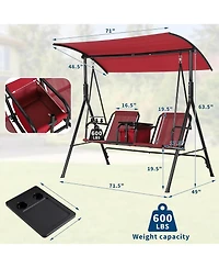 gaomon 2-Person Porch Swing with Cup Holders, Pivot Storage Table & Cooler Bag, Adjustable Canopy, Steel Frame Outdoor Patio Swing for Backyard