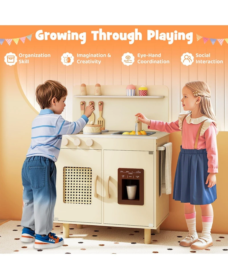Mecale Wooden Pretend Kitchen Playset with Realistic Ice Maker for Interactive Play