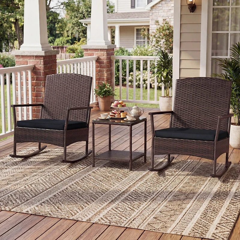 3 Piece Patio Rocking Set Wicker Chairs with 2-Tier Coffee Table