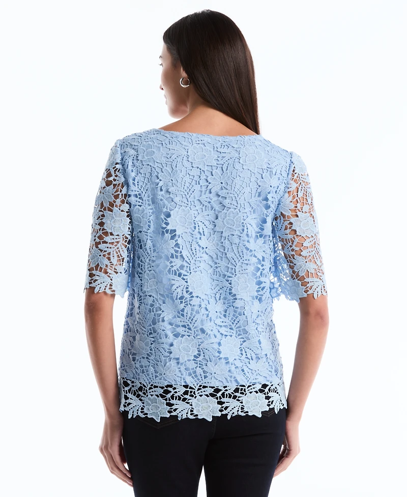 Rafaella Petite Scalloped Elbow-Sleeve Lace Top