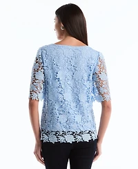 Rafaella Petite Scalloped Elbow-Sleeve Lace Top