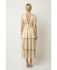 Modenaire Women's Shimmering Puff Sleeve Deep V-Neck Maxi Dress