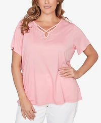 Hearts Of Palm Plus Solid Short-Sleeve Top with Keyhole Neckline