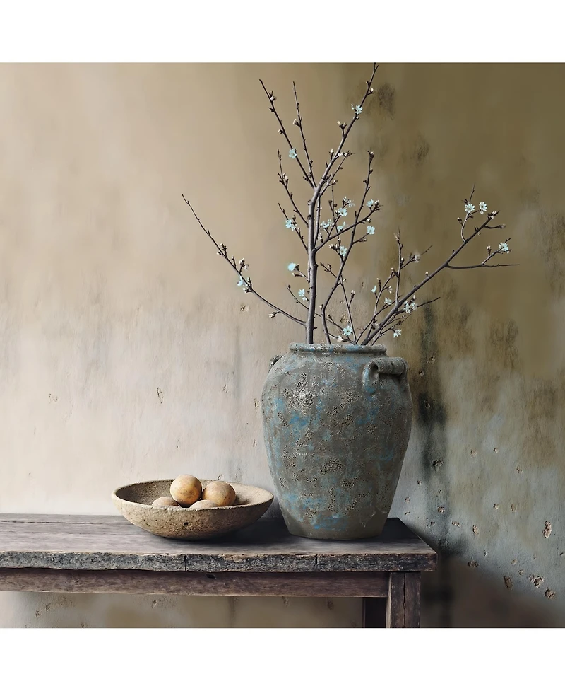 LuxenHome Antiqued Blue & Brown Terracotta Vase with Handles, 12" Tall Farmhouse Vintage Pottery