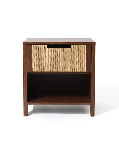 LuxenHome Walnut Finish Mdf Wood with Rope Front 1-Drawer Nightstand and End Table