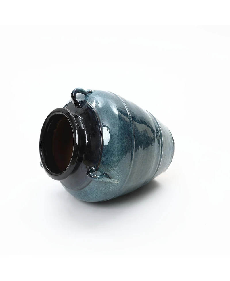 LuxenHome Ocean Blue Ceramic Vase with Handles, 15.75" Tall Amphora Pot for Rustic or Coastal Decor