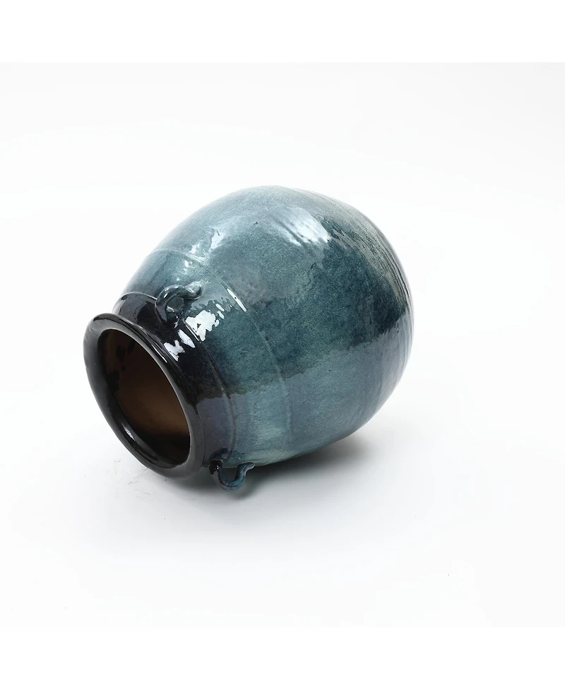 LuxenHome Ocean Blue Ceramic Vase with Handles, 17.5" Tall Rounded Pot for Rustic or Coastal Decor