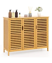 Gymax Bamboo Bathroom Cabinet 3-Door Storage Organizer w/ Shelves