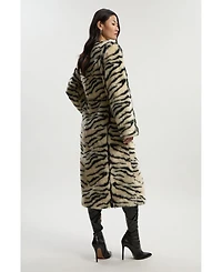 Karen Millen Women's Faux Fur Collarless Tie Belted Midi Coat
