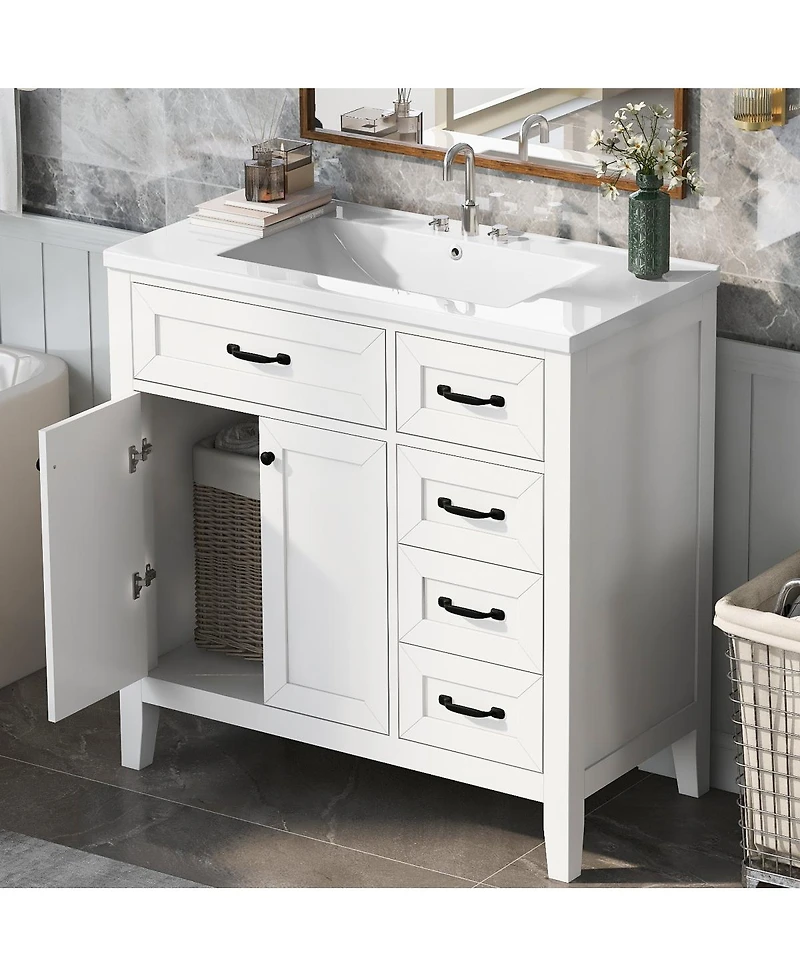 Sillysis 36" Bathroom Vanity with Ceramic Sink, Solid Wood Frame, Storage Cabinet & Drawers for Modern Home