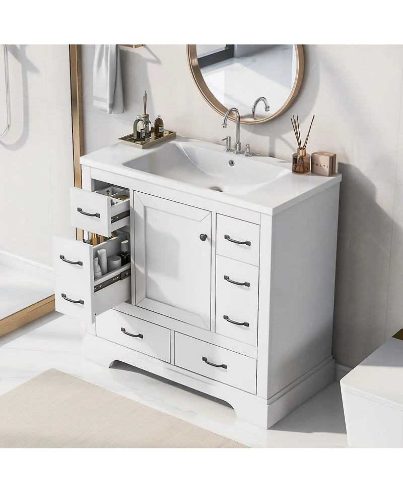 Sillysis 36" Bathroom Vanity with Sink, Solid Wood Cabinet, 6 Drawers & Adjustable Shelf for Modern Storage