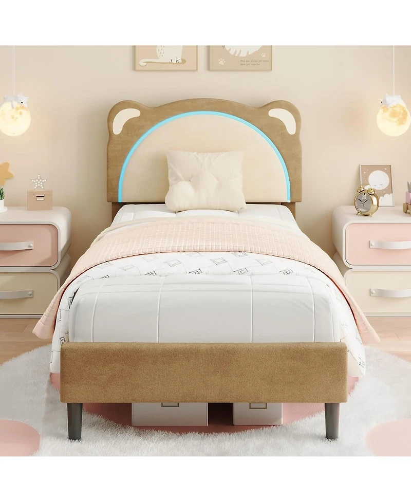 gaomon Twin Bed Frame, Kids Upholstered Platform Bed Frame with Adjustable Headboard & Led Light, Wooden Slats Support, No Box Spring Needed