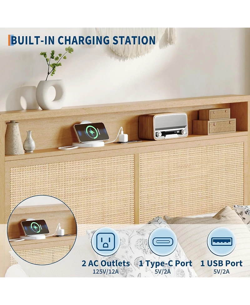 gaomon Rattan Size Bed Frame with Led Lights, Boho Wood Bed Frame with Storage Headboard & Charging Station, Silent Slats