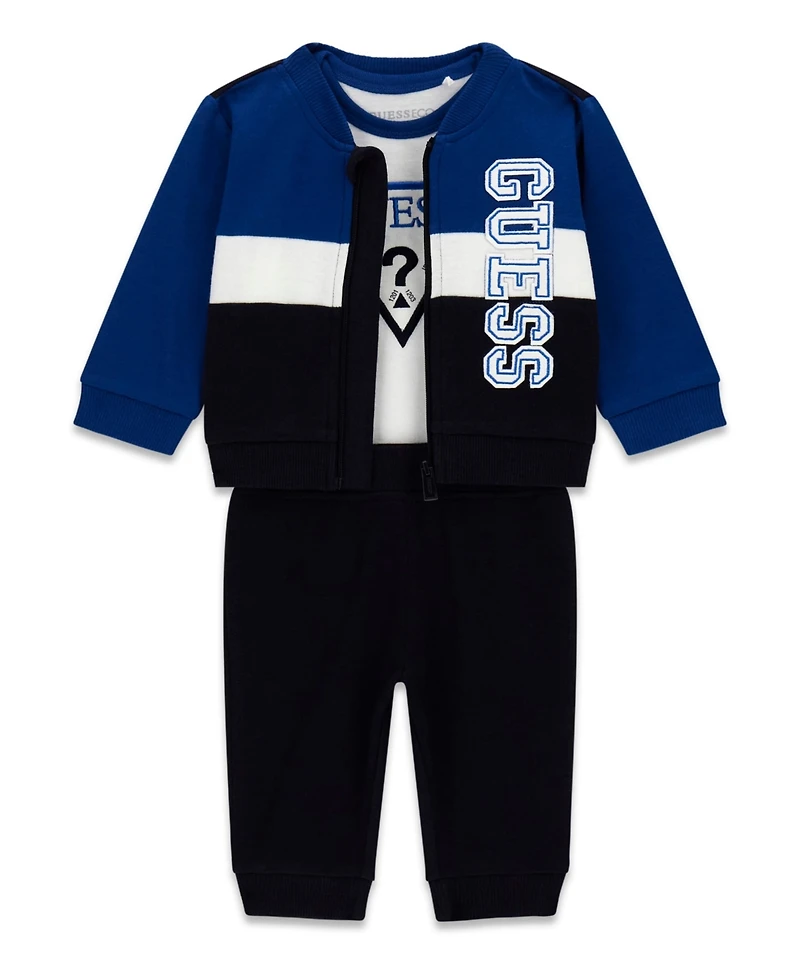 Guess Baby Boys' Bodysuit, Zip-Up Top, and Sweatpant, 3-Piece Set