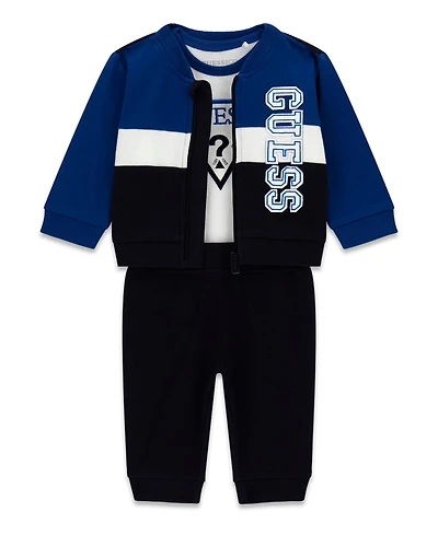 Guess Baby Boys' Bodysuit, Zip-Up Top, and Sweatpant, 3-Piece Set