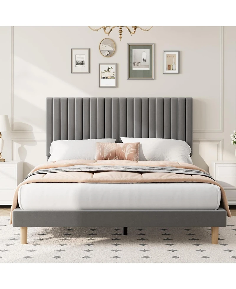 gaomon Bed Frame with Adjustable Headboard, Velvet Upholstered Platform Frame, Vertical Channel Tufted