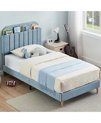 gaomon Twin Xl Bed Frames, Upholstered Platform Frame with Bookcase Headboard, Velvet Mattress,Heavy Duty Steel Support Legs