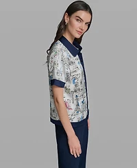 Karl Lagerfeld Paris Women's Short-Sleeve Collared Printed Camp Shirt