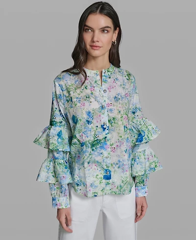 Karl Lagerfeld Paris Women's Long-Sleeve Collared Printed Shirt