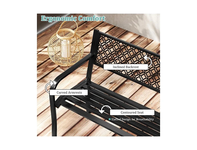 Slickblue Outdoor 50 Inch Patio Bench with Geometric Lattice Backrest