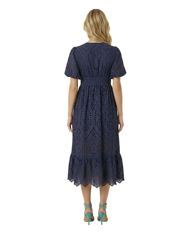 Modenaire Women's Puff-Sleeve Eyelet Smocked-Waist Midi Dress