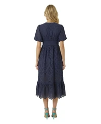 Modenaire Women's Puff-Sleeve Eyelet Smocked-Waist Midi Dress