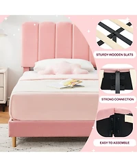 gaomon Twin Bed Frame Velvet Upholstered Platform Wave Headboard for Girls Easy Assembly No Box Spring Wooden Slats
