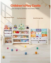 Mecale Kids Toy Storage Organizer with Bookshelf, 4-Tier Cubby Cabinet with 10 Movable Plastic Bins, Toy & Book Storage