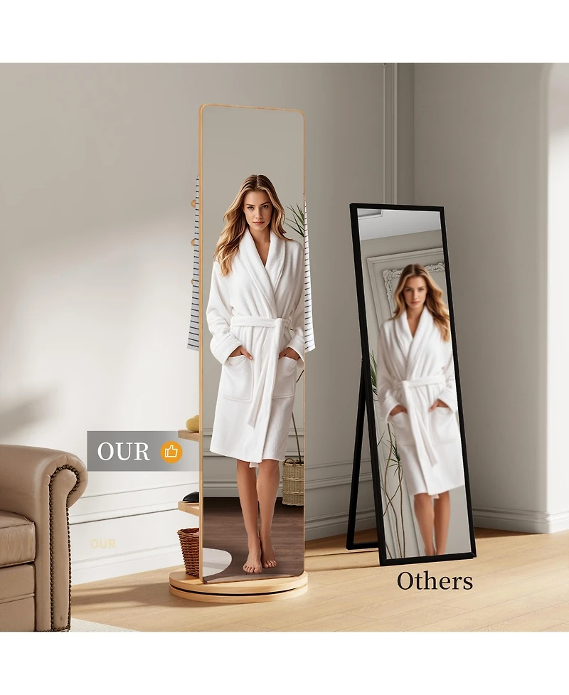 Rainsken 360° Rotating Full Length Mirror, Solid Wood Freestanding Coat Rack with Storage Hanger, Open Shelves for Living Room and Cloakroom