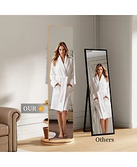 Rainsken 360° Rotating Full Length Mirror, Solid Wood Freestanding Coat Rack with Storage Hanger, Open Shelves for Living Room and Cloakroom