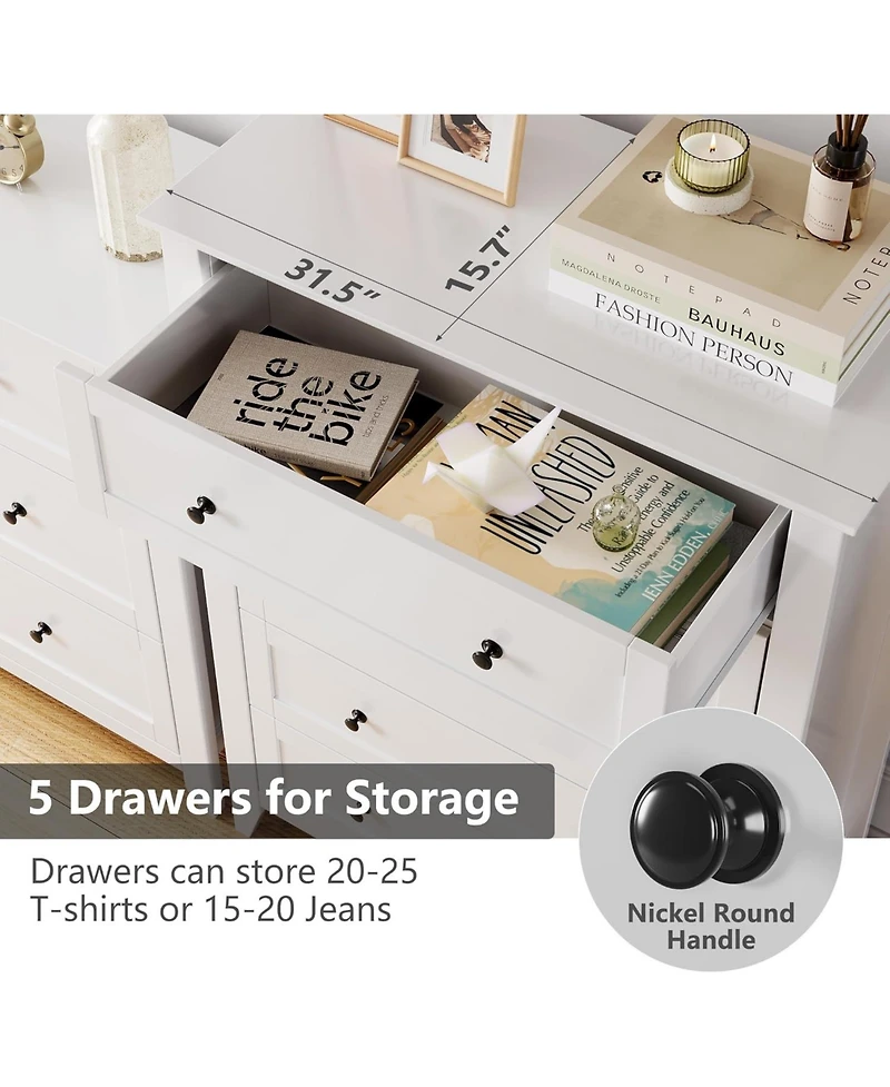 gaomon Modern 5 Drawer Wood Dresser, Tall Chest with Gold Handles & Deep Drawers