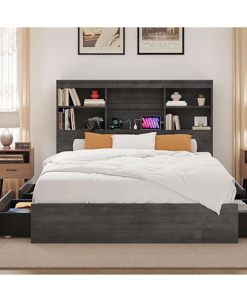 gaomon Bed Frame with Storage Headboard, Wooden Charging Station
