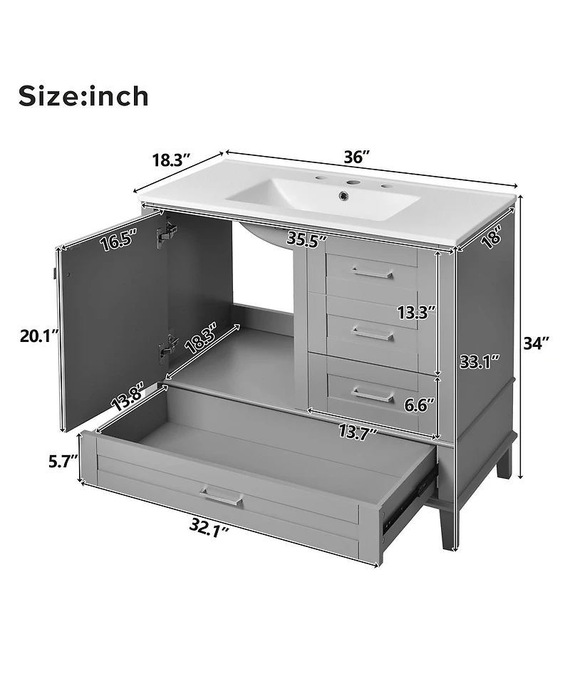 Sillysis 36" Bathroom Vanity with Ceramic Sink, Solid Pine Frame, Soft Close Drawers & Door for Small Spaces