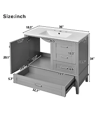 Sillysis 36" Bathroom Vanity with Ceramic Sink, Solid Pine Frame, Soft Close Drawers & Door for Small Spaces