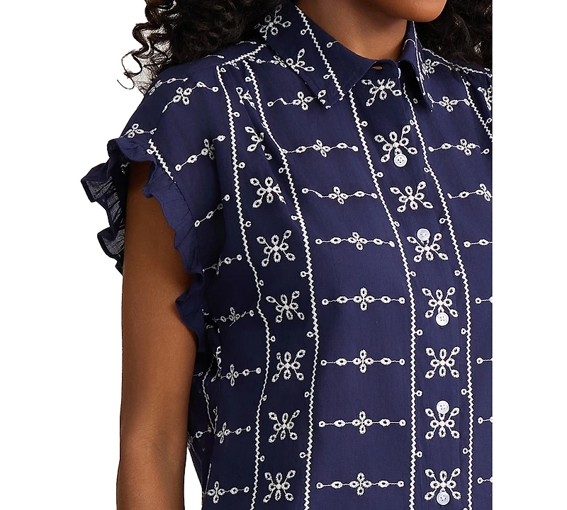 Jones New York Petite Collared Button Front Flutter Short-Sleeve Top