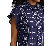 Jones New York Petite Collared Button Front Flutter Short-Sleeve Top