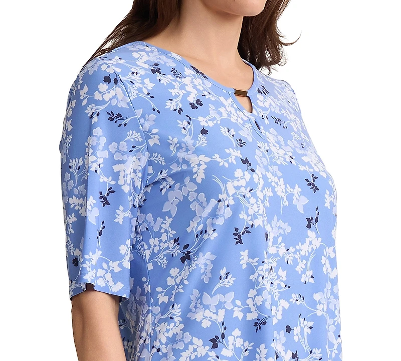 Jones New York Petite Elbow Double Keyhole Neck Printed Jersey Top