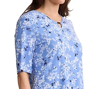 Jones New York Petite Elbow Double Keyhole Neck Printed Jersey Top