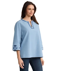 Jones New York Petite V-Neck Embroidered Blouse