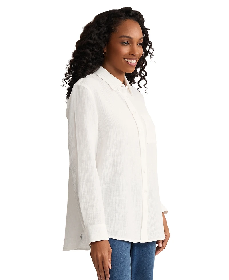 Jones New York Petite Long-Sleeve Button Down Double Gauze Shirt