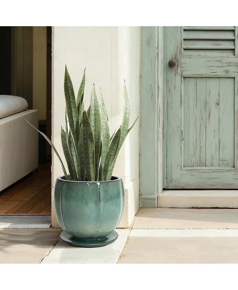 LuxenHome Glossy Gradient Teal Ceramic Planter, 10-Inch Tall Ridged Container with Connected Tray