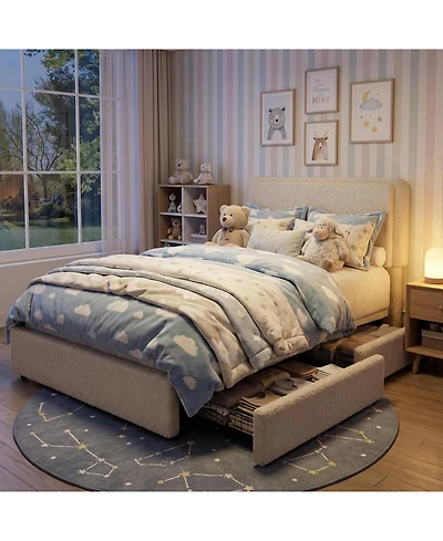 gaomon Teddy Fleece Bed Frame, Bed Frame with 2 Storage Drawer and Adjustable Headboard, Soft Teddy Fabric, Easy Assembly