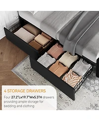 gaomon Bed Frame with 4 Storage Drawers & Headboard, Flax Fabric Upholstered Platform Wooden Slats Support, Button Tufted Design