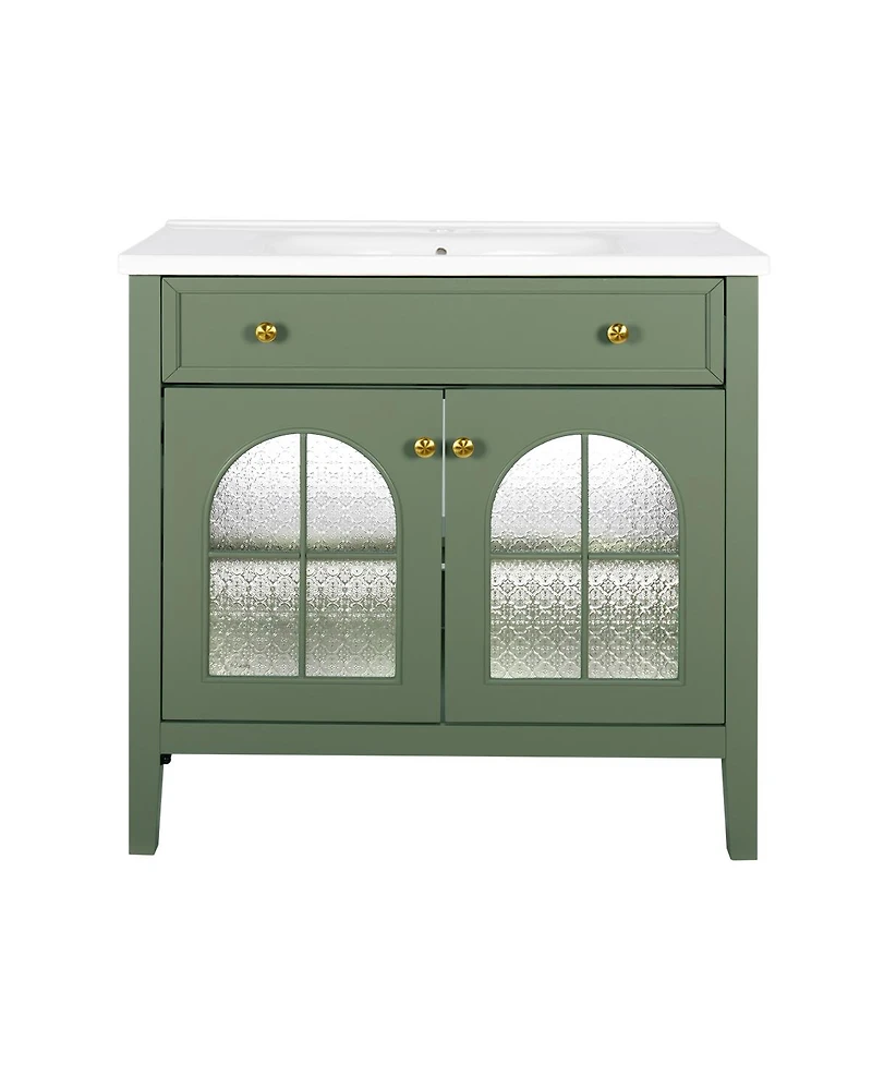 Sillysis 36" Bathroom Vanity with Sink, Medieval Glass Doors, Motion Lighting, Flip Drawer & Adjustable Storage for Modern Bathrooms
