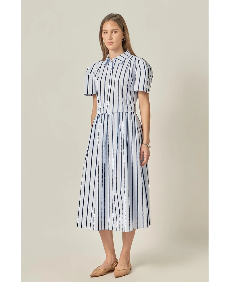English Factory Women's Striped Pleated Shoulder Shirt Midi Dress