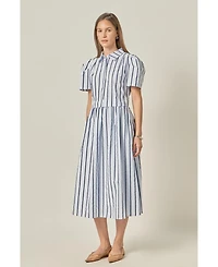 English Factory Women's Striped Pleated Shoulder Shirt Midi Dress