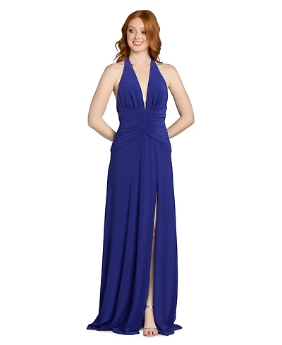 Morgan & Company Juniors' Rouched Waist Halter Neck Long Gown