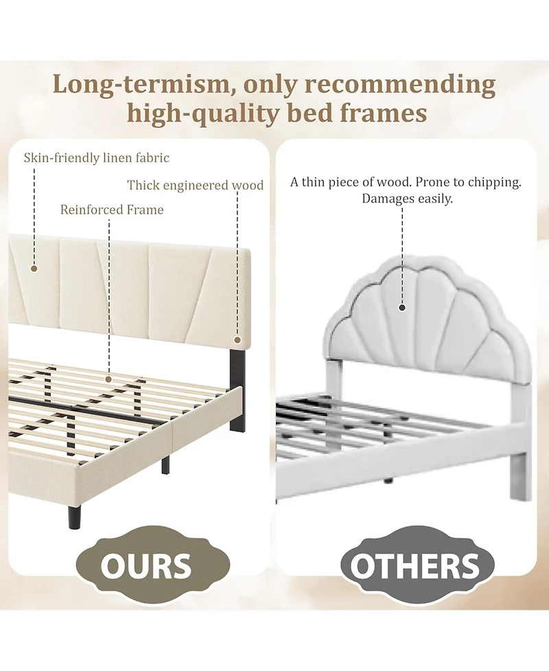 gaomon Platform Bed Frame for Kids, Linen Upholstered Headboard & Wooden Slats Support, Noise-Free Mattress Foundation/No Box Spring Needed