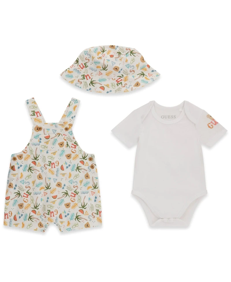Guess Baby Boys' Short-Sleeve Bodysuit, Shortall, and Bucket Hat, 3-Piece Set
