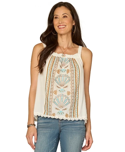 Democracy Petite Square Neck Embroidered Front Tank Top
